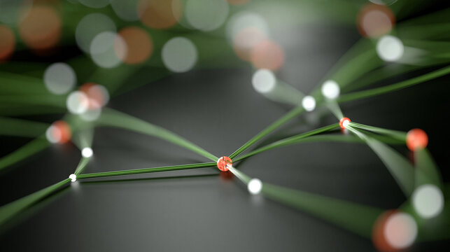 Abstract visualization of a self-healing smart grid rerouting power around a failed transmission segment, broken red node isolating while green pathways illuminate alternative