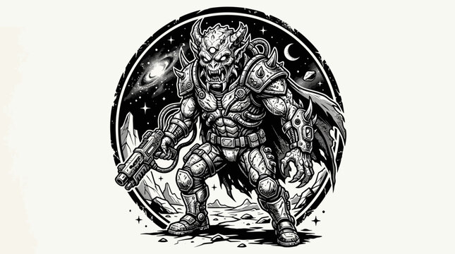 Sci-Fi Monster Warrior with Laser Gun in Space, Cosmic Battle Scene, Fantasy Creature