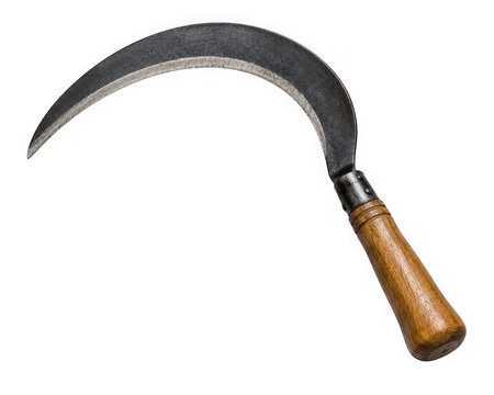 Old metal sickle with a wooden handle for harvesting isolated on transparent background