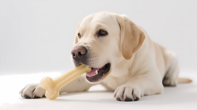 Golden labrador chewing bone toy