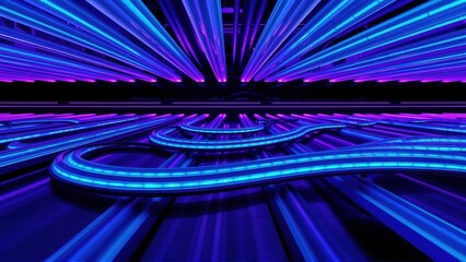 Fototapeta premium Abstract neon lines create tunnel illusion. Vivid purple, blue hues dominate dark background. Dynamic perspective suggests speed, depth.