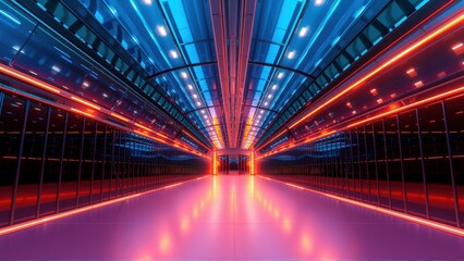 Fototapeta premium Futuristic corridor. Bright neon lights illuminate sleek surfaces, creating dramatic perspective. Dark background emphasizes vibrant colors.