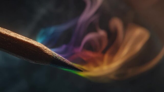 Close-up of a pencil tip emitting vibrant, colorful smoke on a dark background