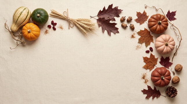 Halloween Autumn Pumpkin and Fall Leaves Frame on White Background with Copy Space, Seasonal Border for Thanksgiving Design