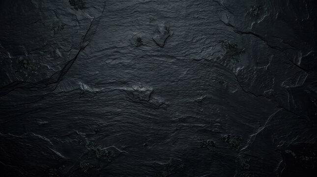 Halloween Dark Grunge Stone Texture Background with Cracked Surface and Dead Leaves, Spooky Black Abstract Backdrop
