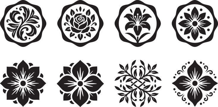 Vintage floral seal and decorative flower silhouette crests collection
