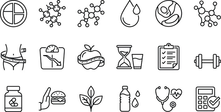 Weight loss and healthy lifestyle outline icons set featuring fitness nutrition diet and metabolism elements vector