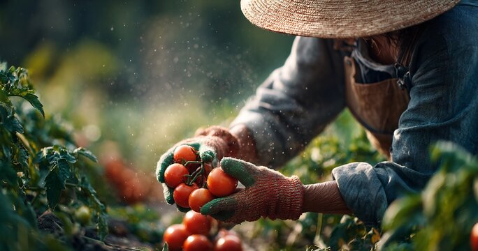 Detailed close up of a farmer's gloved hands holding a cluster of ripe red tomatoes freshly picked from the vine in a sunlit organic vegetable garden