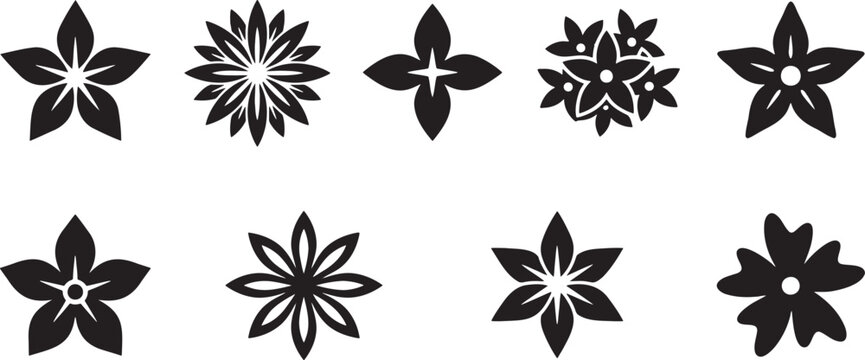 Simple star shaped flower silhouette icons set for logo design
