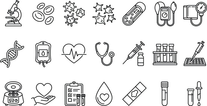 Medical laboratory and blood test outline icons set featuring microscope syringe dna stethoscope health elements vector