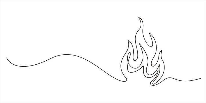 Fire icon in continuous one line drawing with minimalist style isolated outline illustration design. one line Icon drawing, Continuous one line drawing of a fire flame alongside a standard outline Fir