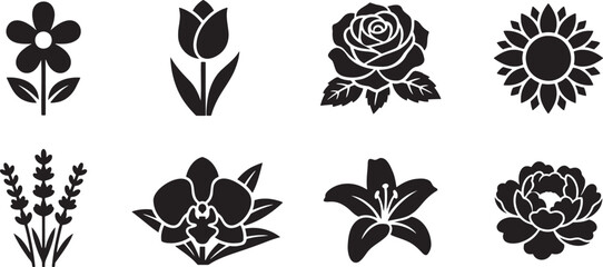 Classic garden blossoms silhouette icons set for seasonal greeting cards © HM