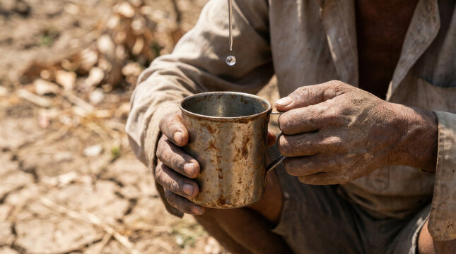 Water scarcity concept close up hands holding empty metal cup under drip of water, thirsty person seeking water supply