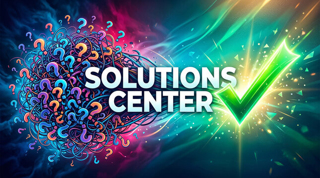 Vibrant conceptual background showing messy colorful question marks transforming into a green checkmark next to "SOLUTIONS CENTER" text