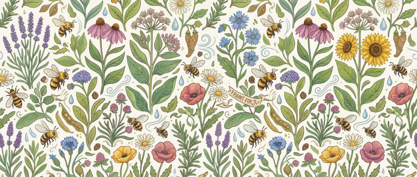 Whimsical Garden Pattern with Bees, Lavender, Sunflowers and Poppies