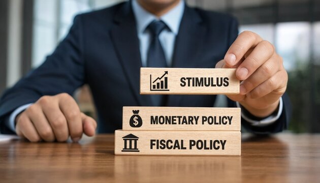 Businessman holding wooden block with stimulus text and graph icon on a table with monetary policy and fiscal policy blocks