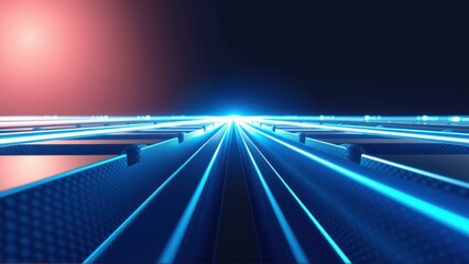 Fototapeta premium Abstract tunnel perspective. Bright lines converge toward distant light source. Dark background contrasts vivid blues, reds. Futuristic design.