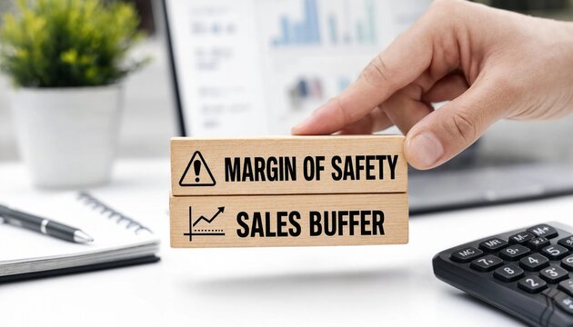 Business concept of margin of safety and sales buffer with hand holding wooden blocks on office desk with laptop and calculator