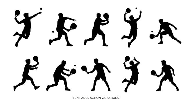 Padel Player Silhouette Set, 10 Action Variations Vector Icons