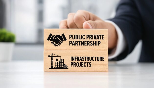 Business partnership concept with wooden blocks on a table with a person in a suit in the background  public private partnership in infrastructure projects