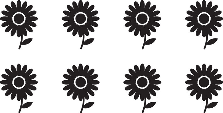 Identical daisy flower stalks silhouette set for row repetitions