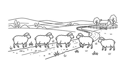 Cartoon Sheep Herd Walking on Country Road Towards Farmhouse © oval