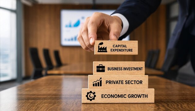 Businessman building blocks with capital expenditure business investment private sector economic growth concepts on a wooden table in a conference room