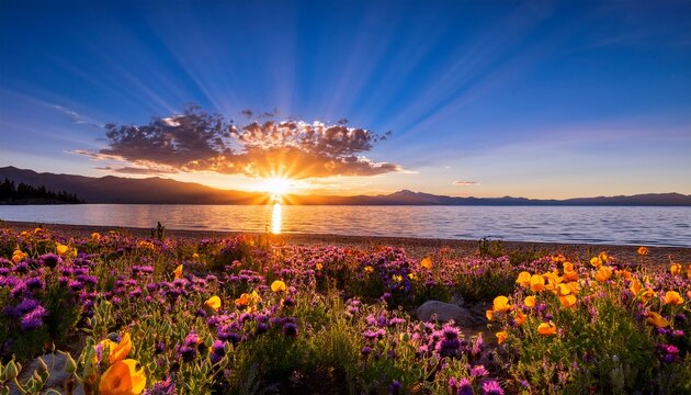 A Beautiful Sunset Explodes Over A Gorgeous Field Of Wildflowers On The Shoreline Of Lake Tahoe As Seen From Kiva Beach Near South Lake Tahoe California