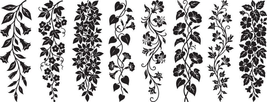Climbing flower vines and vertical ivy border silhouette collection