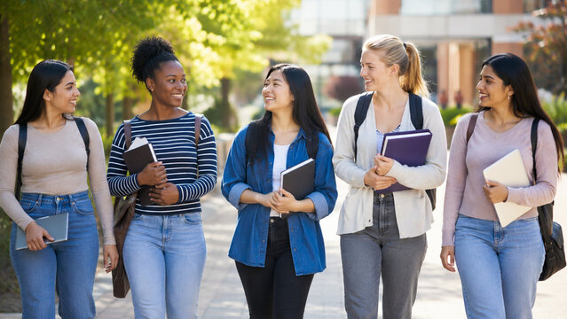Diverse women university students walking on campus as future leaders