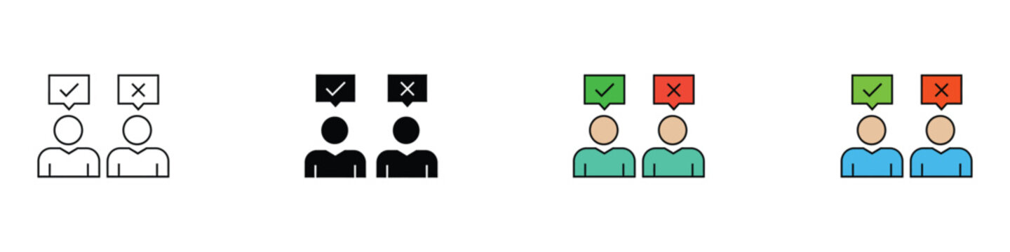 Customer feedback survey review icon set with user positive checkmark negative cross speech bubble. Vector illustration of realistic client opinion flat symbol, colorful line voter people template.