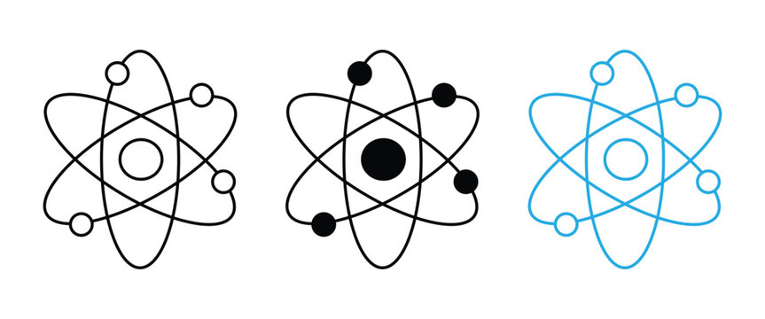 Atom Vector Icon Set, Atomic Structure Symbol Collection, Science, Physics, Chemistry and Nuclear Energy Silhouette Icons Isolated on White Background