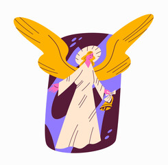 Obraz premium Christmas Angel Flat Vector Illustration. Cute Holy Angel with Golden Wings holding Bell