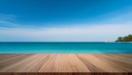 Fototapeta premium Wooden Board On Table With Shadows Display Podium For Product Mockups D Trade Show Display Advertising Nature Blurred Sea And Background