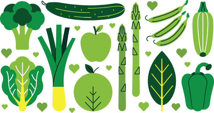 Green vegetables flat vector illustration collection featuring broccoli cucumber lettuce leek asparagus apple pepper and hearts for healthy vegan diet design