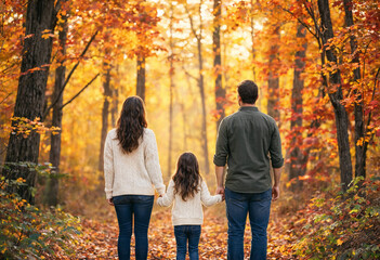Fototapeta premium Rear View of Family Enjoying Beautiful Autumn Forest Landscape 