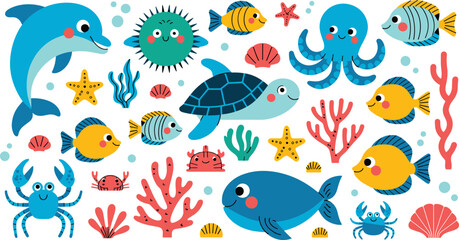 Cute cartoon sea creatures flat vector illustration set featuring happy dolphin whale sea turtle octopus crabs starfish coral and colorful tropical ocean fish © IVY QUEEN
