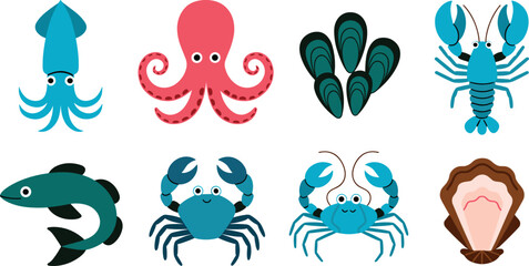 Cute cartoon sea creatures and seafood icons flat vector illustration set featuring smiling octopus squid fish lobster crabs mussels and oyster shell © IVY QUEEN