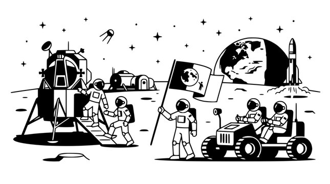 Detailed black and white illustration of astronauts exploring the lunar surface with moon lander and rover