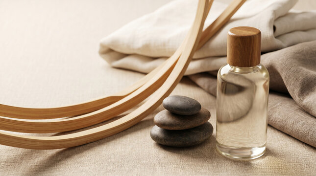 Minimalist spa composition with glass oil bottle, balanced zen stones and curved wood on linen cloth