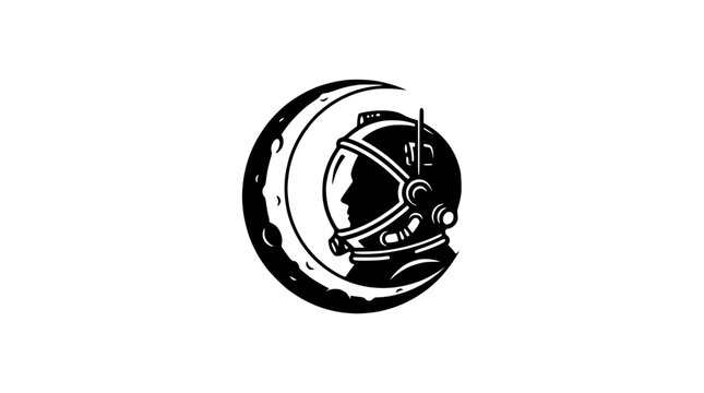 Minimalist Astronaut Silhouette Portrait Inside a Crescent Moon Emblem