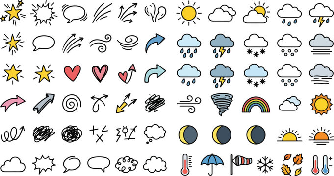 A collection of various weather and emotion icons in a sticker set.