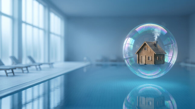 Tiny wooden cabin floating inside a transparent soap bubble above a serene indoor swimming pool area
