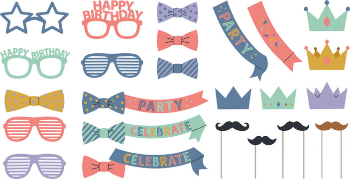 Birthday Party Photo Booth Props Vector Set Featuring Novelty Glasses Bow Ties Royal Crowns Mustaches and Festive Banners for Celebration Graphic Designs