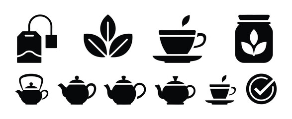 Fototapeta premium Luxury tea shop drink icon collection, tea bag, tea leaf, sugar, brewing, teacup, assorted teapot, herbal infusion and extraction symbols, elegant beverage interface graphics, modern flat vector