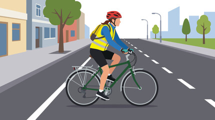 Fototapeta premium Woman cyclist in safety vest riding bicycle on city street, urban commute