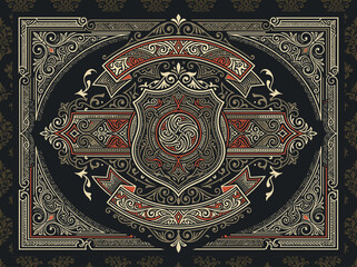 Fototapeta premium Ornate Vintage Label Design with Filigree Borders and Heraldic Shield