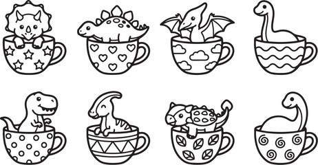 Cute cartoon dinosaurs and mythical creatures in teacups © tarik