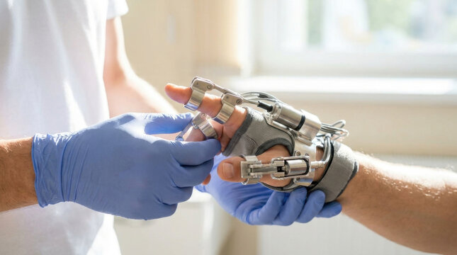 Robotic rehabilitation glove close up medical therapy hand support robotic hand glove rehabilitation device recovery aid finger splint assisted