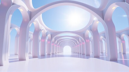 Fototapeta premium Futuristic corridor. White arches create endless perspective. Soft light illuminates clean, minimalist space. Calm, serene atmosphere.
